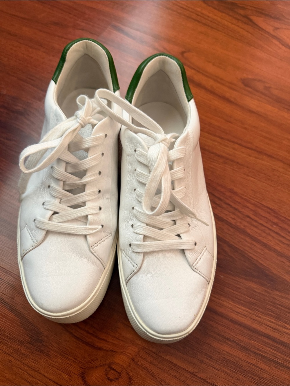 Women’s Vince White Leather Sneakers with Green Heel Accent